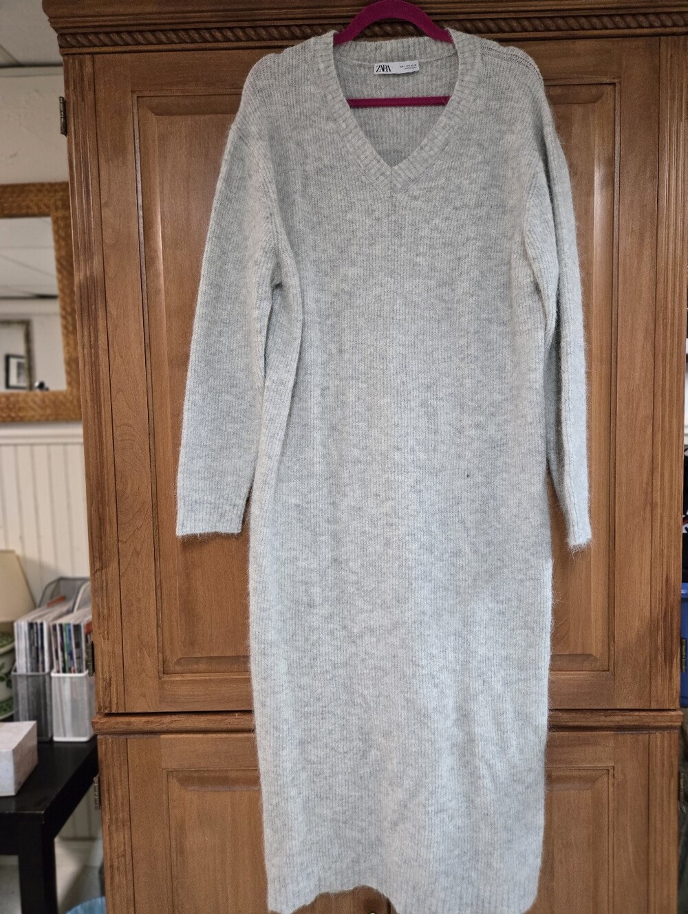 ZARA Light Gray Ribbed V-Neck Sweater Dress